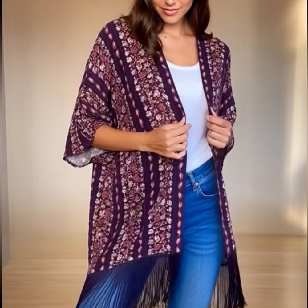 Bongo Blue Red White Scarf Print Fringe Kimono Jacket Women Juniors S/M